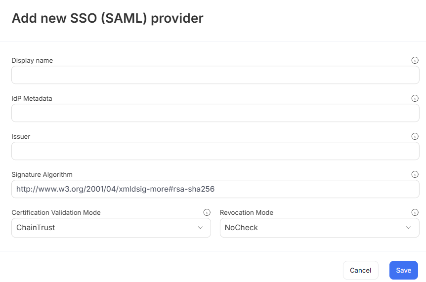 SAML configuration form
