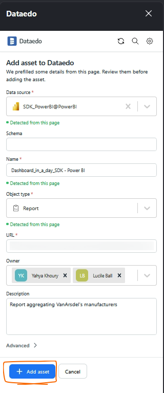 Add Asset button in browser extension