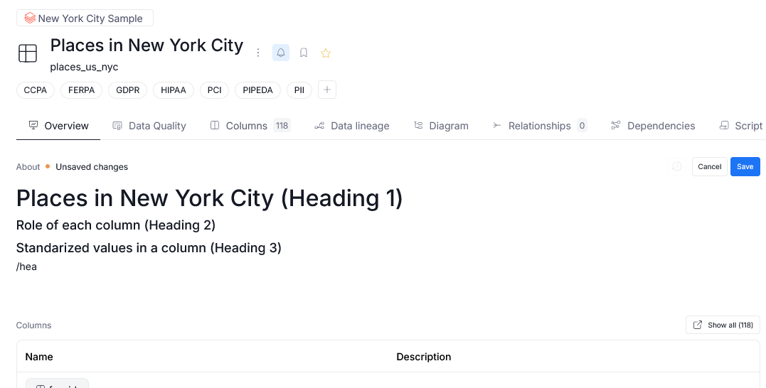 different headings in descriptions