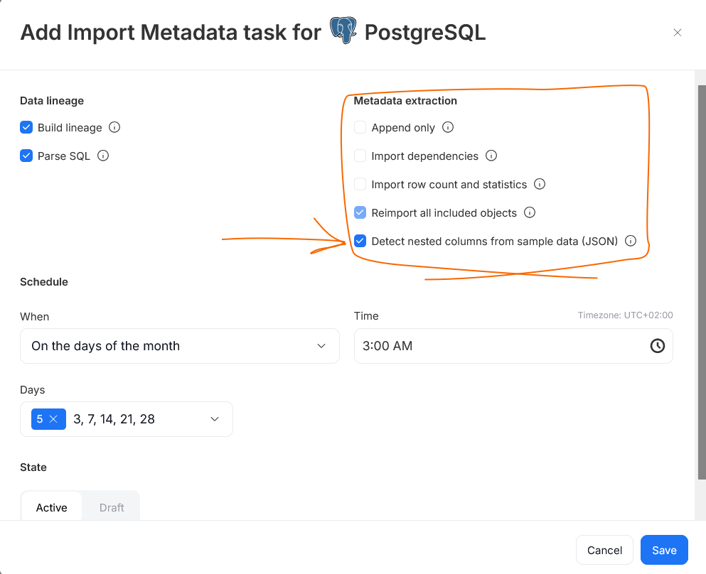 Import JSON structure checkbox
