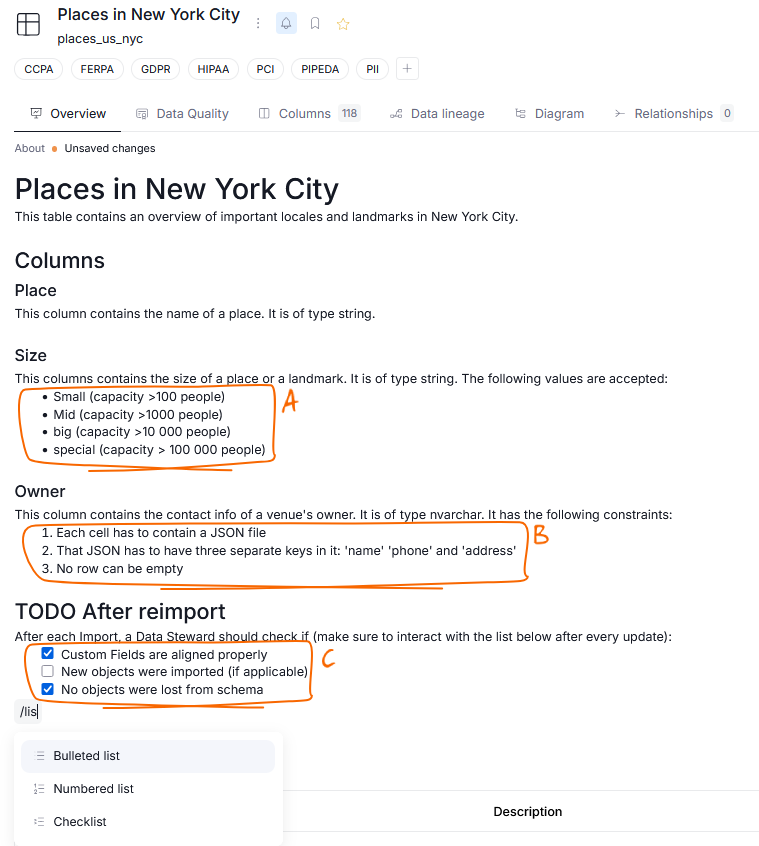 different lists in descriptions