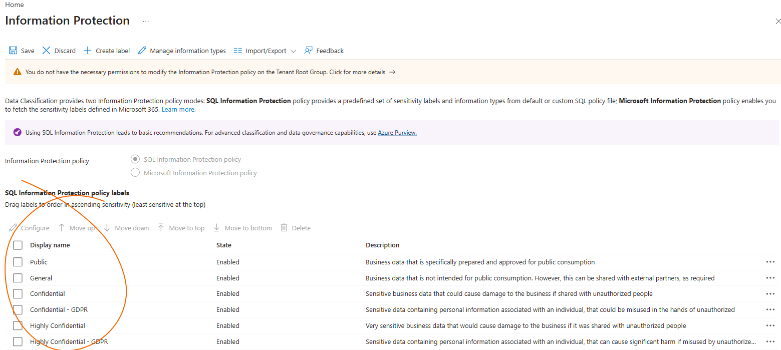 SQL Information Protection policy labels in the Azure portal