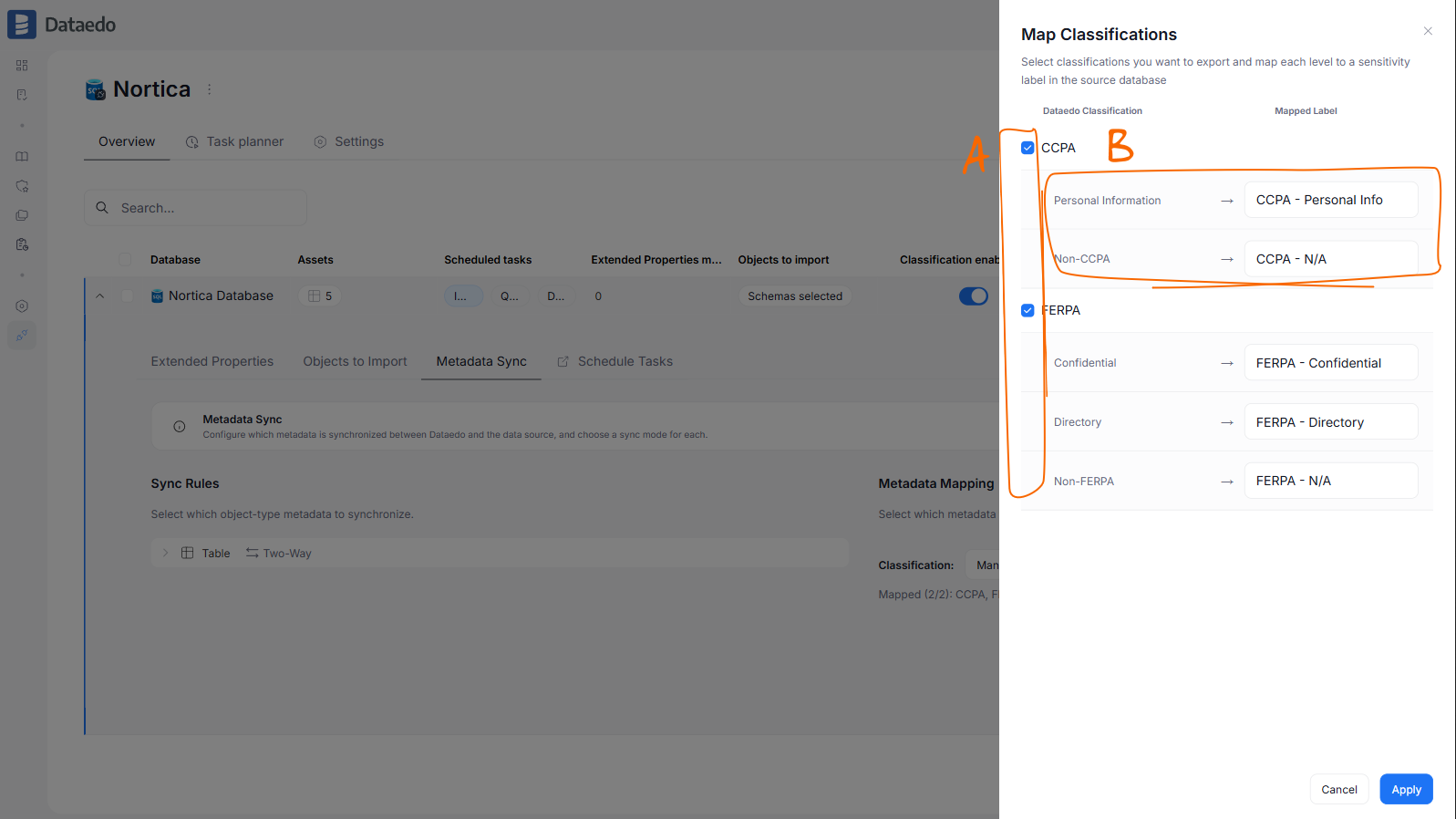 Map Classifications modal for an Azure SQL data source