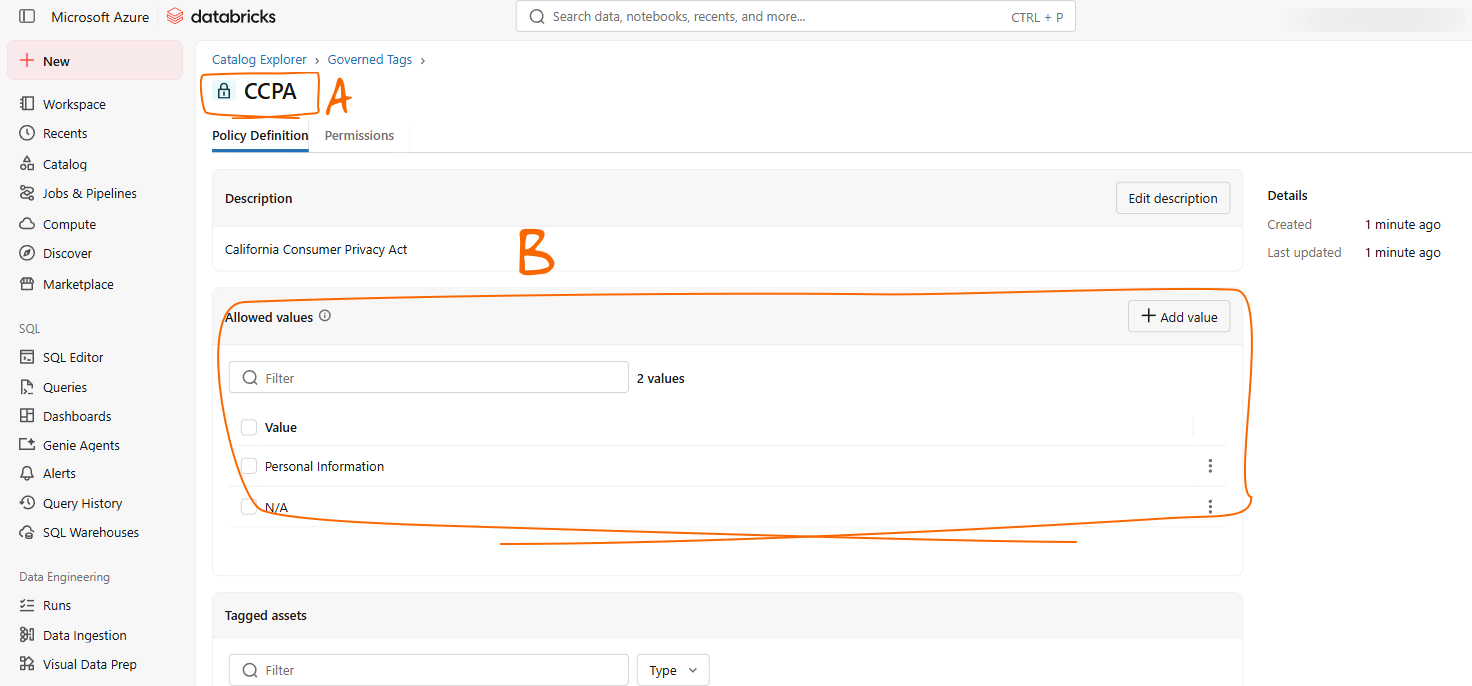 Governed tag policy definition for CCPA in Databricks
