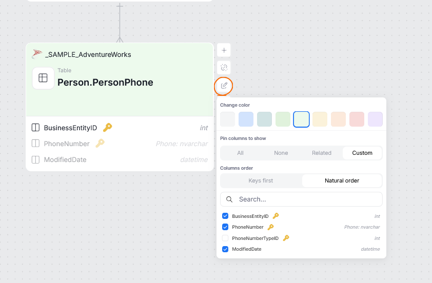 edit node panel with color, column visibility, and column order options