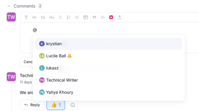 The mention menu listing active users after typing the @ symbol