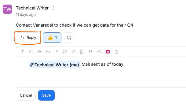 Clicking the reply option under an existing comment