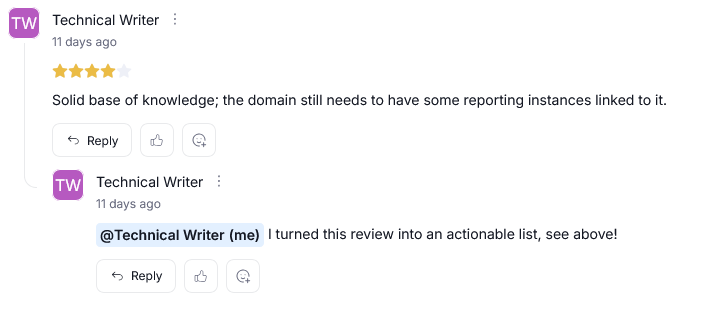 Replies indented under the original comment and connected by a solid line