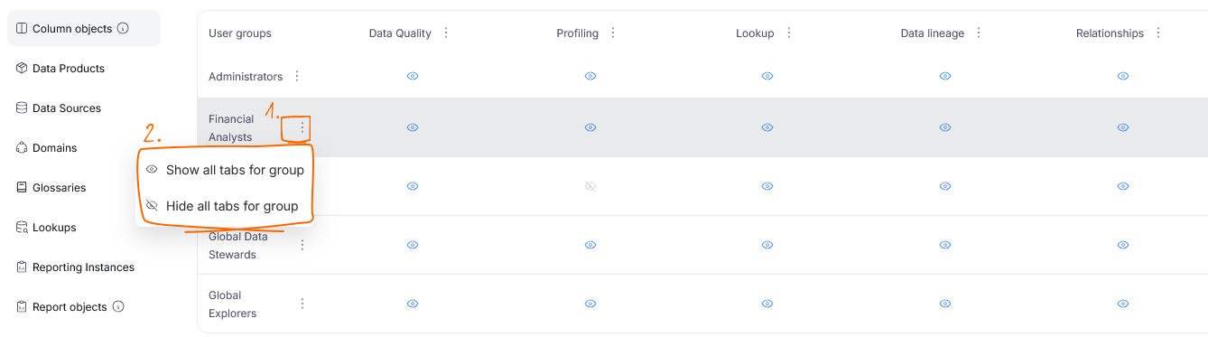 Tab visibility matrix with eye toggles