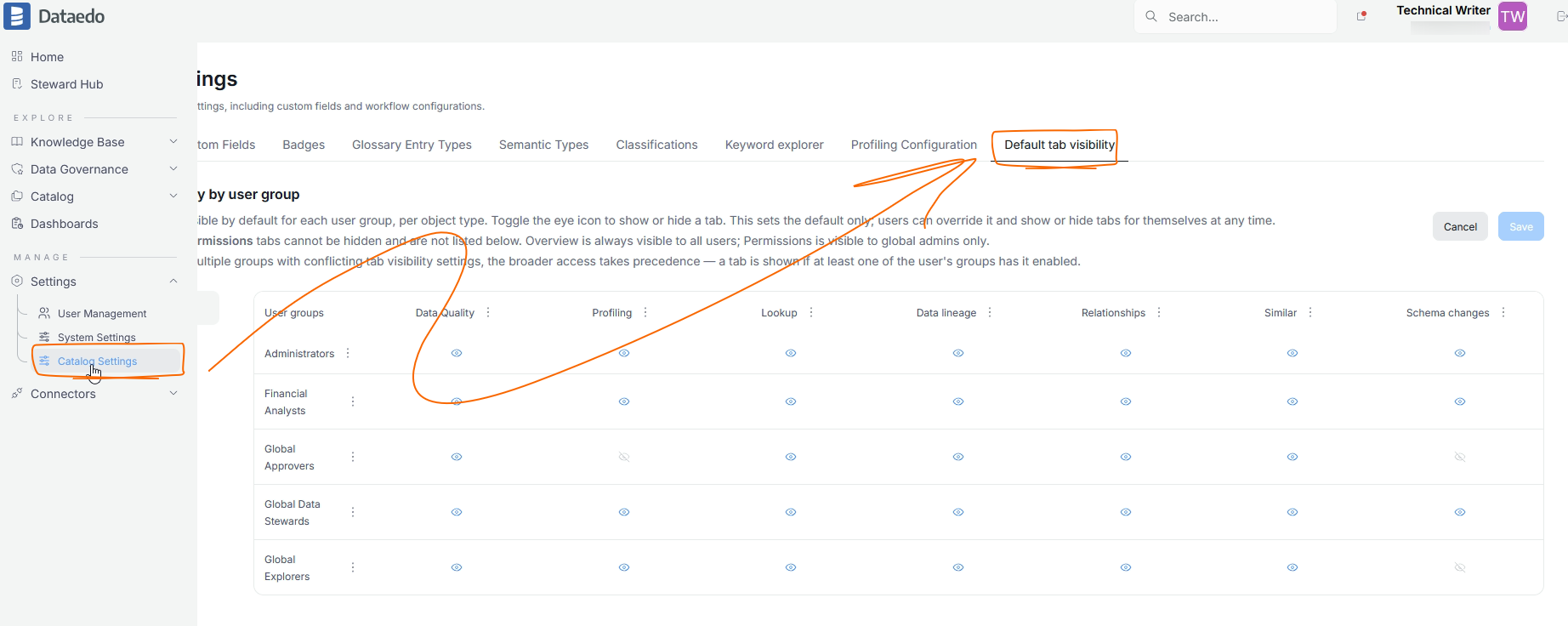 Default tab visibility settings in Catalog Settings