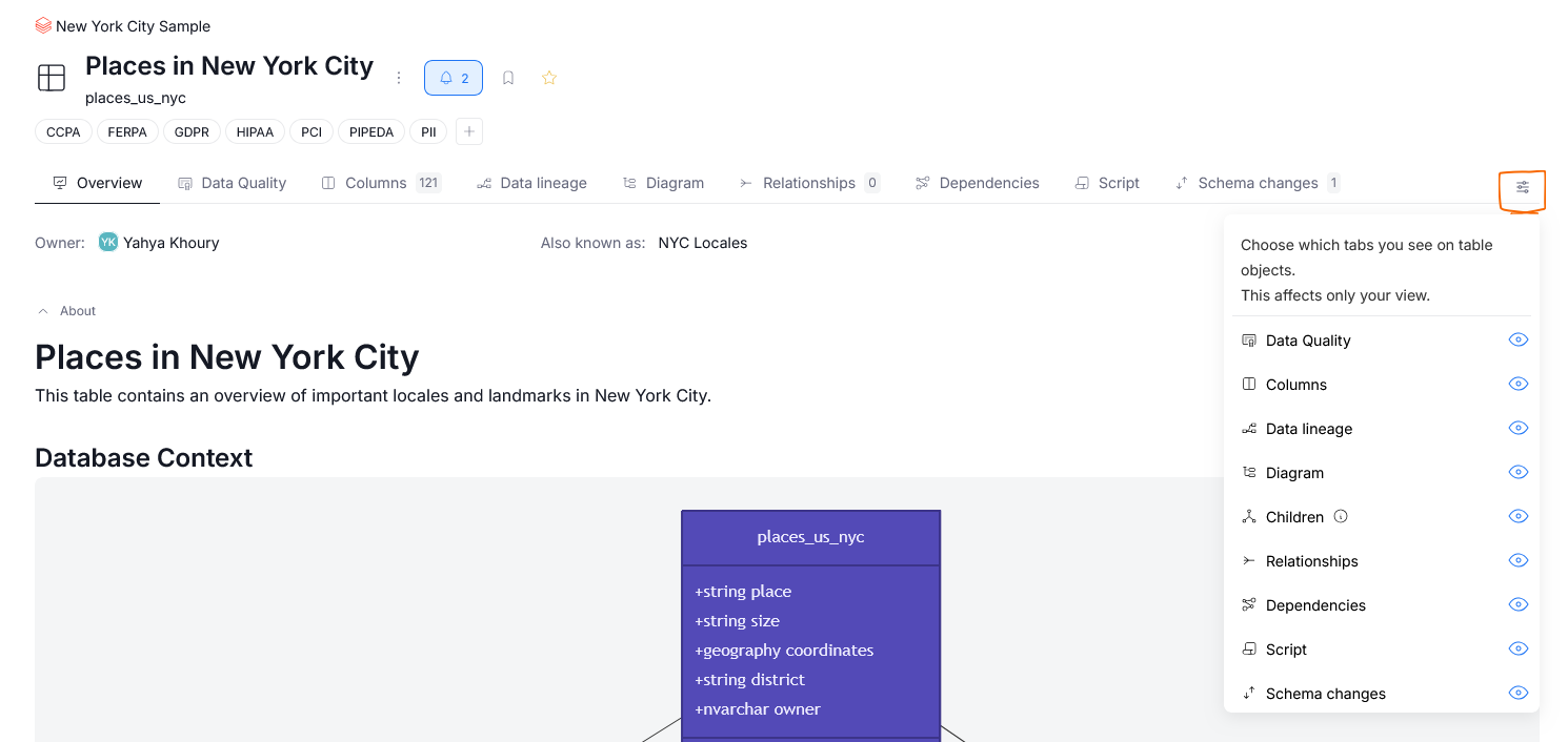 Manage tabs visibility button on the object tab bar