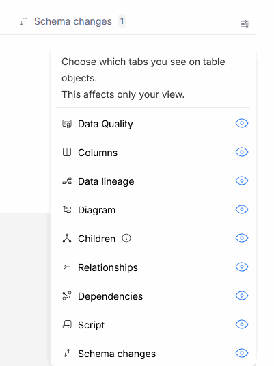 Manage tabs visibility button on the object tab bar