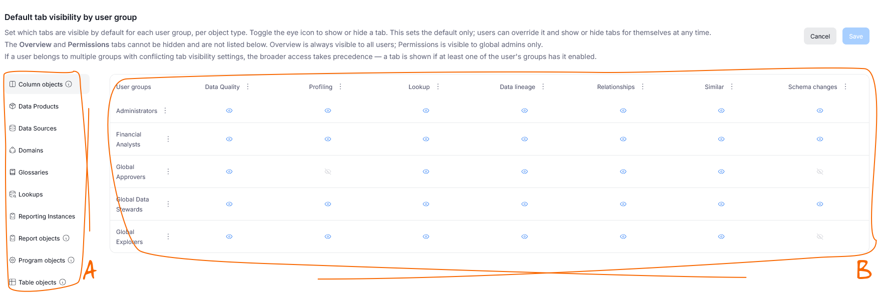 Default tab visibility settings in Catalog Settings