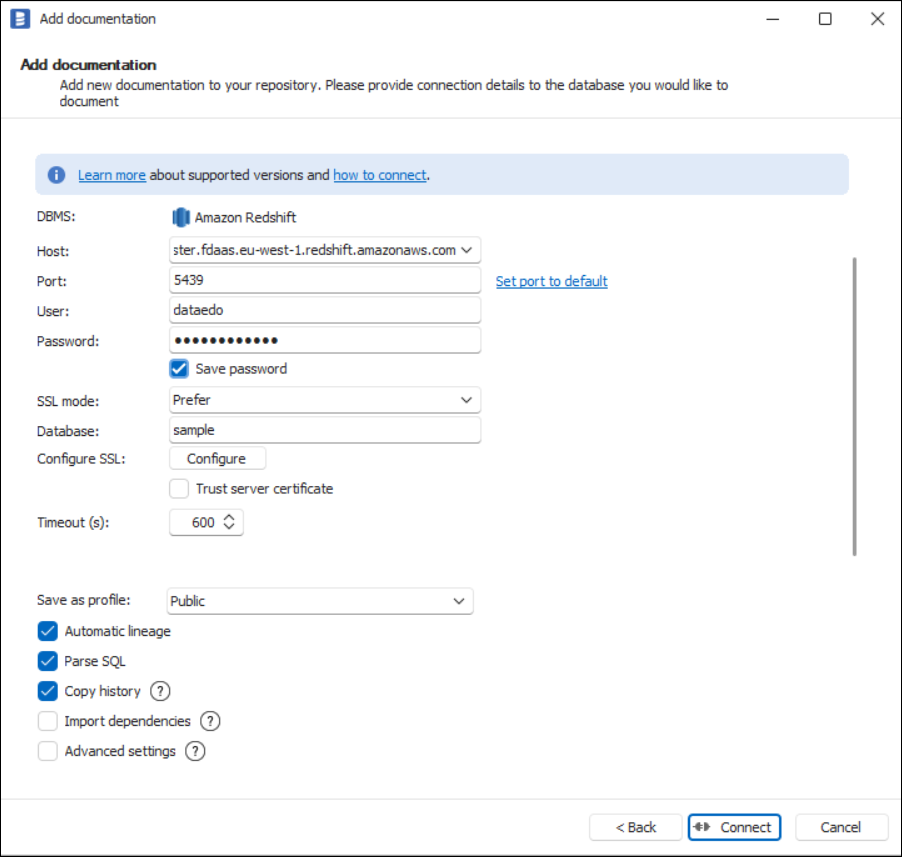 Amazon Redshift connection form