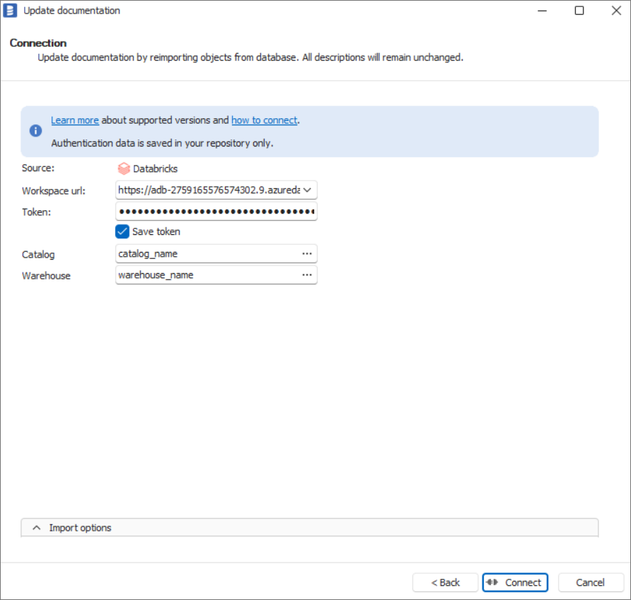 Databricks connection parameters in Dataedo