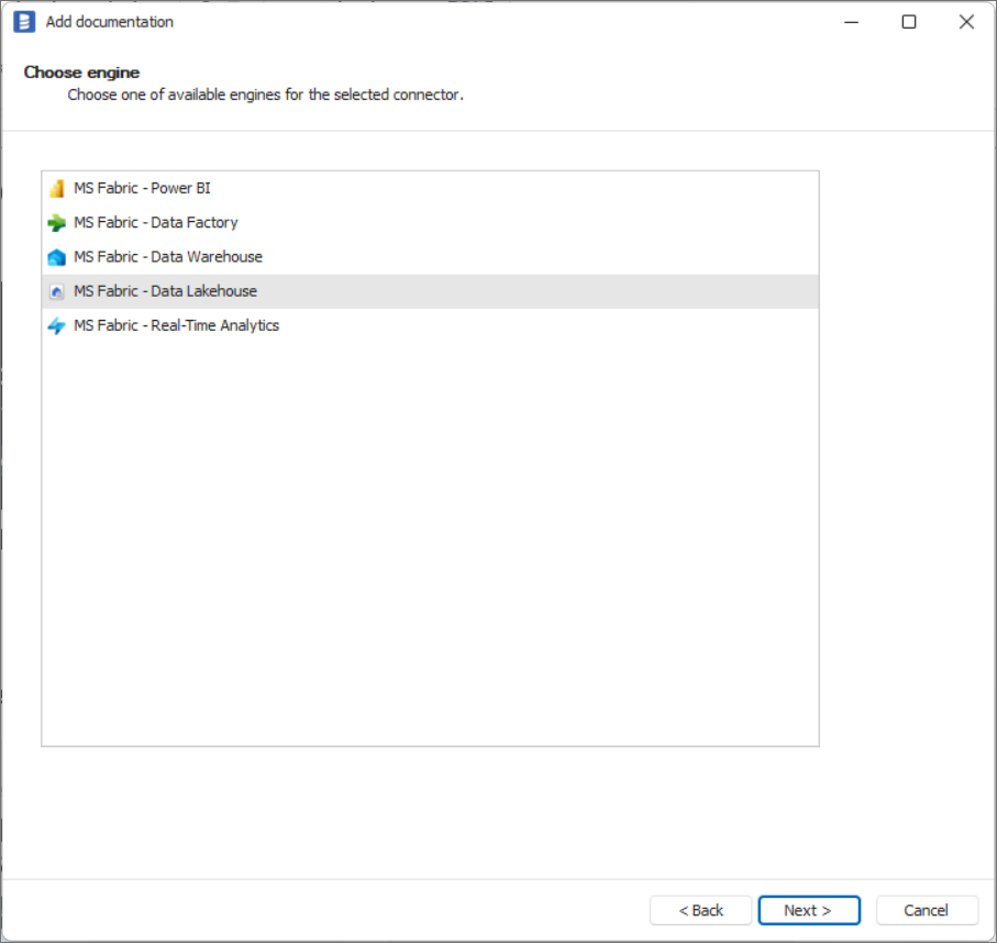 Dataedo choose MS Fabric - Data Lakehouse connector