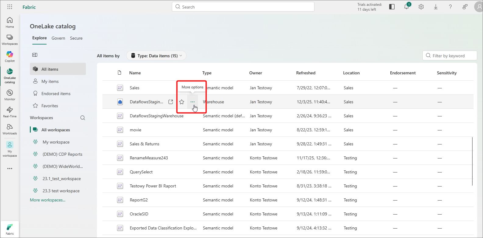 Microsoft Fabric click Warehouse options
