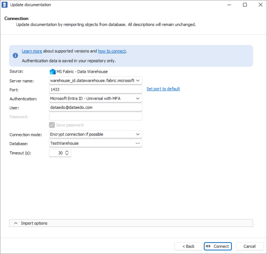 Microsoft Fabric Warehouse connector control