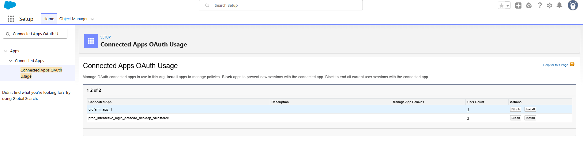 Connected Apps OAuth Usage page showing Block and Install buttons