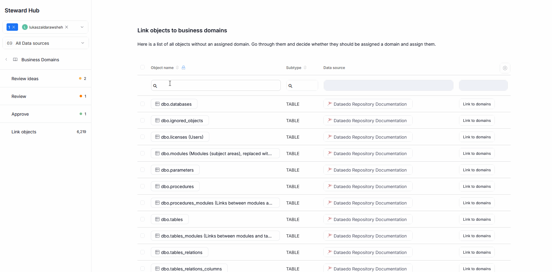 Object name and Subtype columns