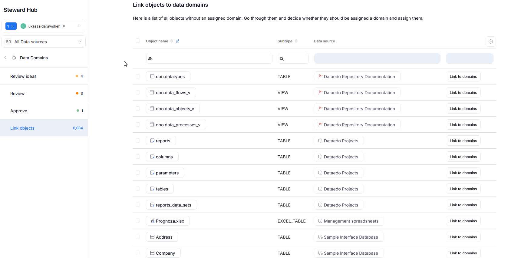 Object name and Subtype columns