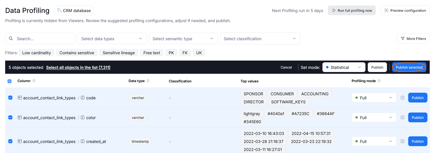 publish profiling configurations