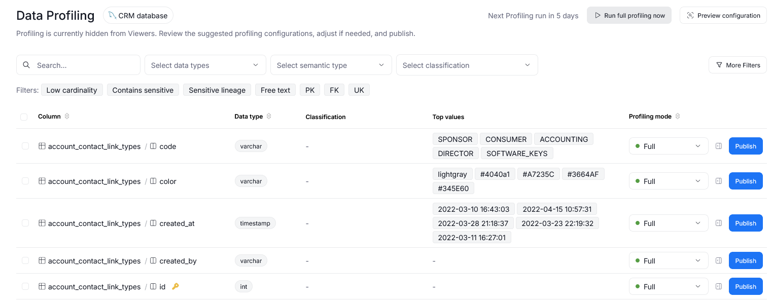 profiling configuration row