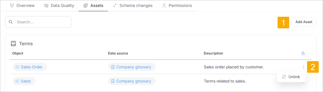Manage linked assets in a Data Product