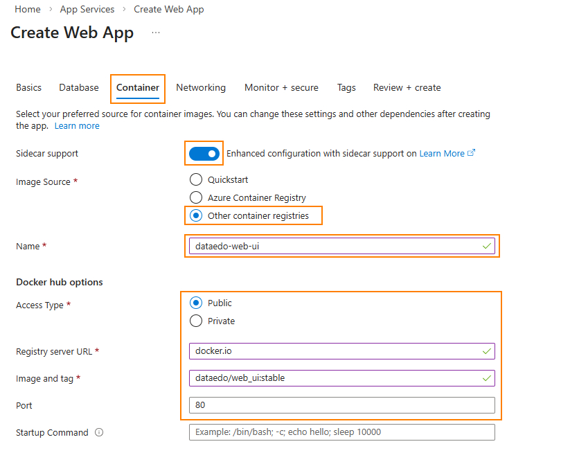 configure web app - container