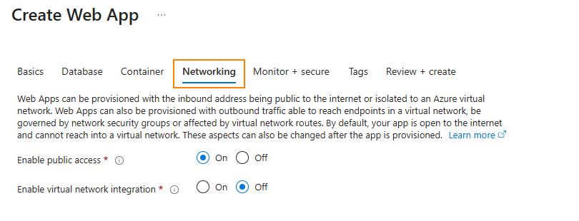 configure web app - networking