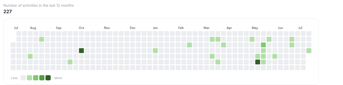 Activity grid showing daily tiles colored by number of activities over the last 12 months