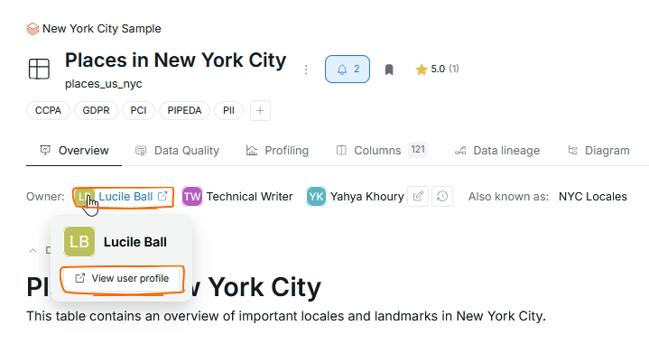 Hover card over a user's profile icon with the View user profile option highlighted