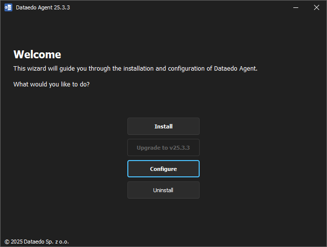 Agent Installer configure screen
