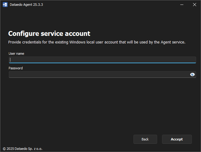 Agent Installer account details