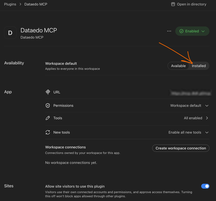 Dataedo plugin availability settings in the OpenAI Admin Console