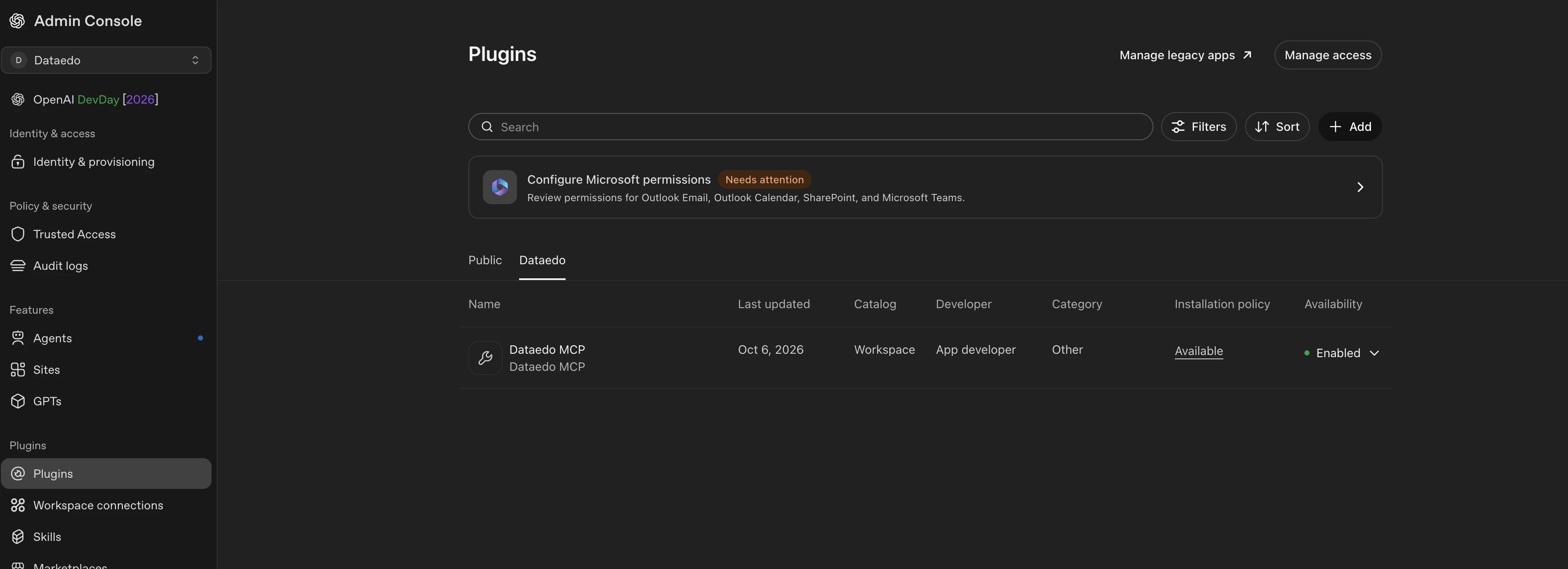 Plugins list in the OpenAI Admin Console