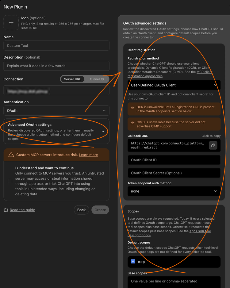 Advanced OAuth settings in ChatGPT