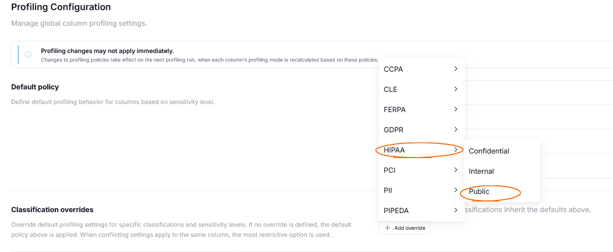 Selecting the Public sensitivity level of HIPAA