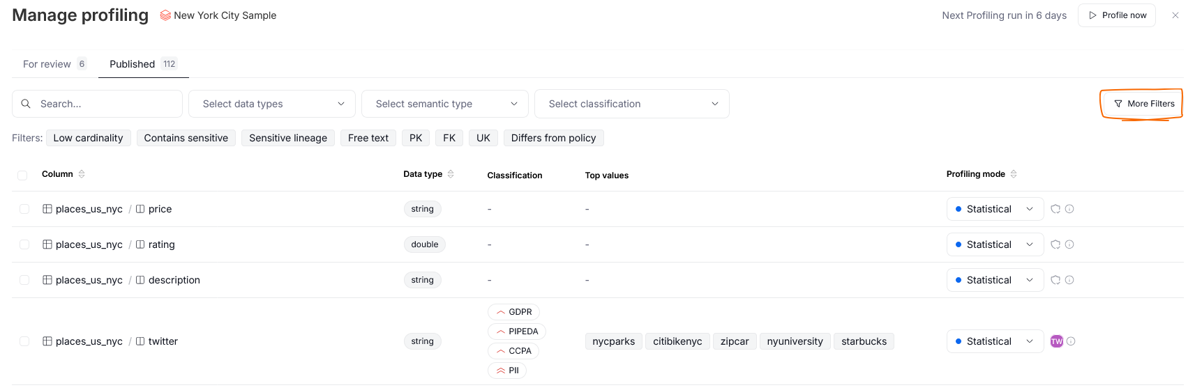The filter button and filtering options
