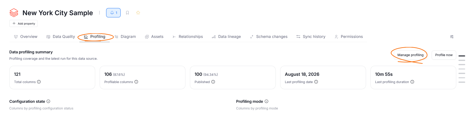 The Manage profiling option in the asset overview