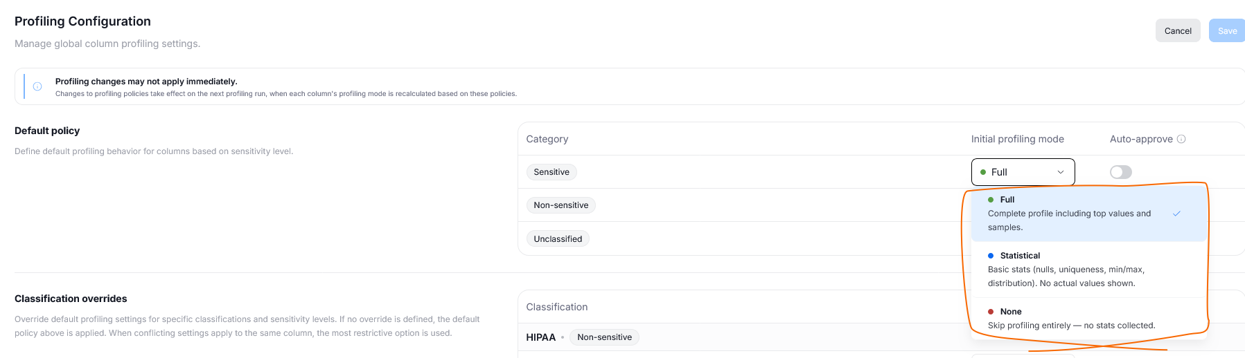 Selecting a profiling mode from the dropdown