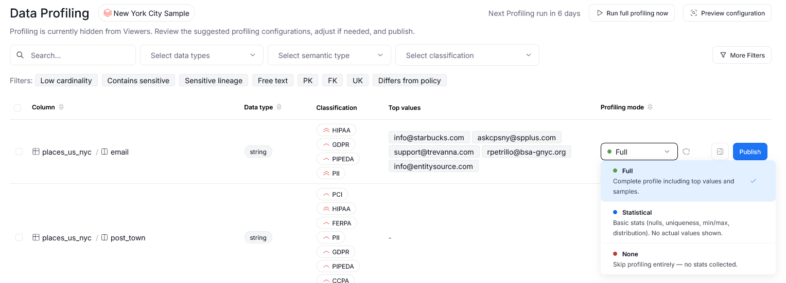Changing a column's profiling mode before approval