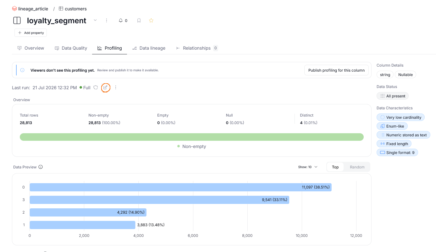 Editing the profiling mode from the Profiling tab