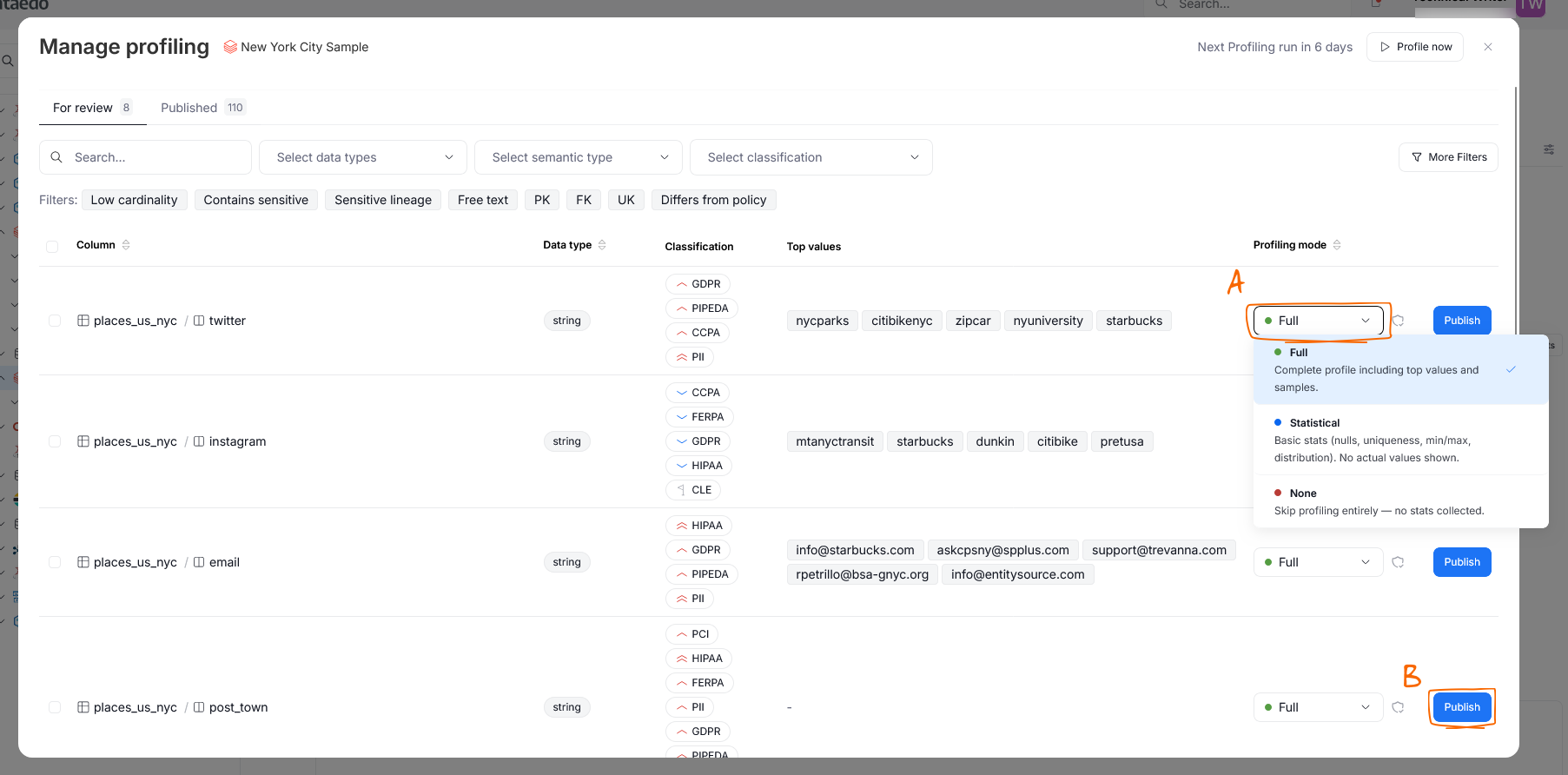 Switching a column's profiling mode and publishing it in the for review tab