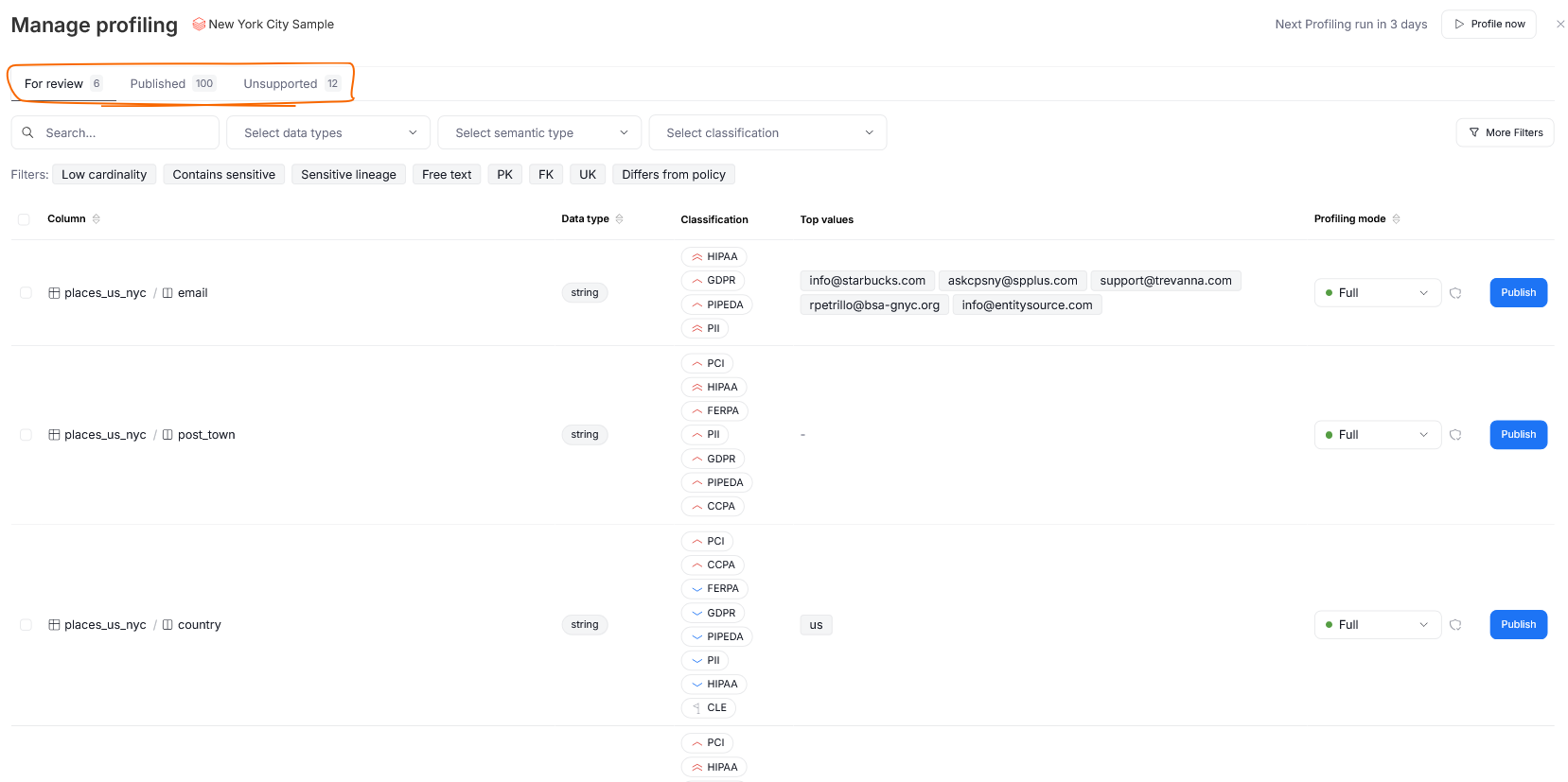 The published and for review tabs of the manage profiling grid