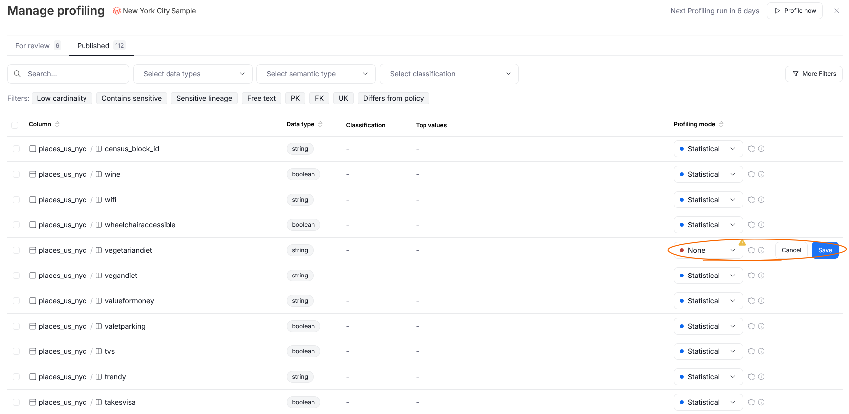 Changing the mode of a published column profiling