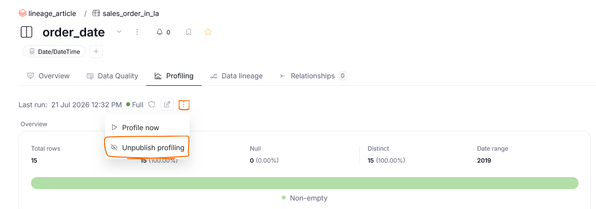 Publishing a column's profiling from the manage profiling grid