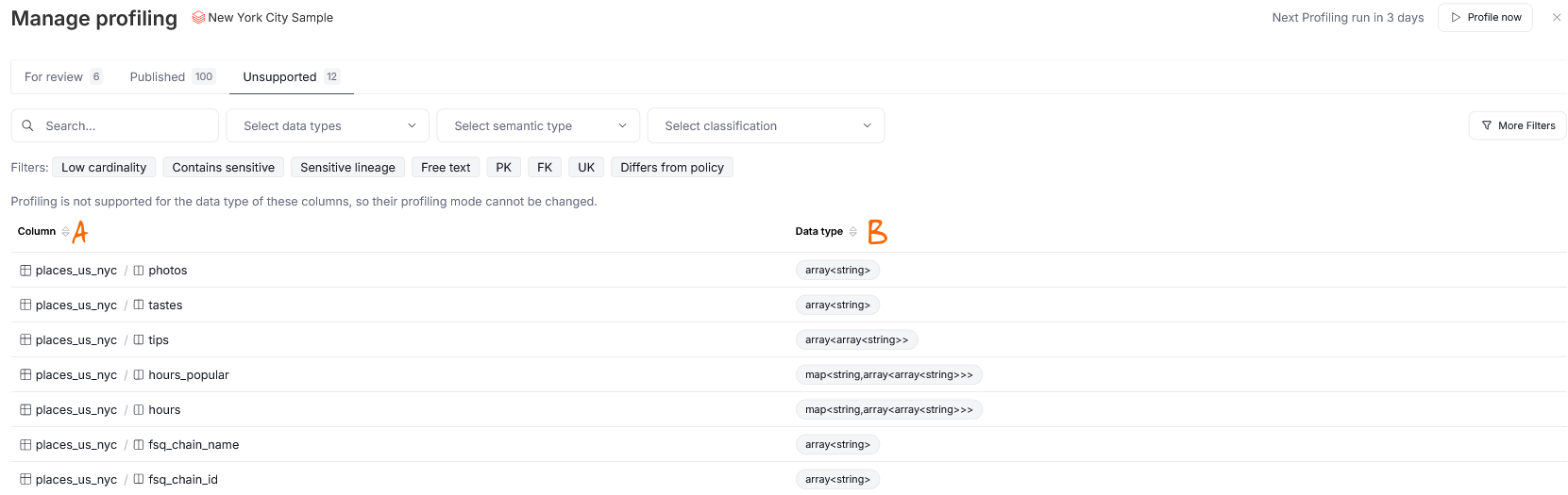 The unsupported tab in the manage profiling grid