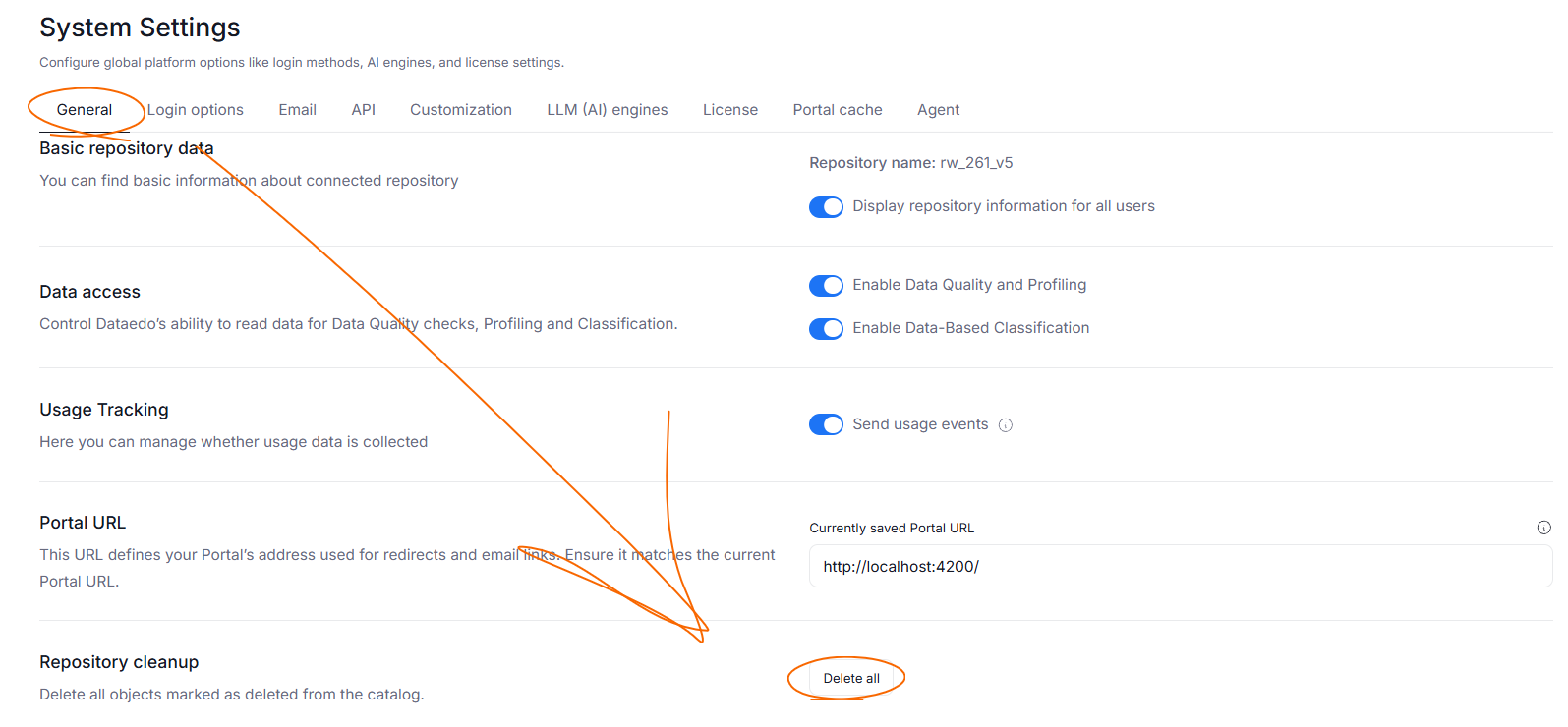 delete all option in settings
