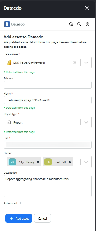 Add asset form in the Browser Extension